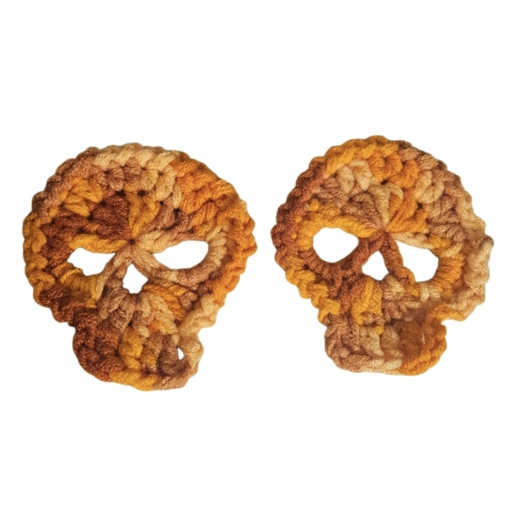 Hand Crafted 2pc Set Handmade Crochet Skull Appliques Multicolored Yellow Gothic